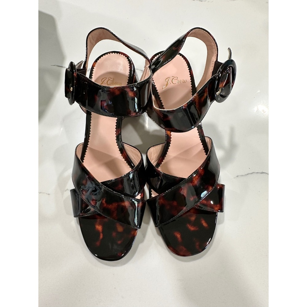 J.Crew Tortoise Patent Leather Block Heel Sandals Buckle Ankle Strap Size 9